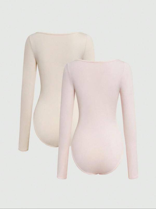 Women's Solid Long Sleeve Square Neck Bodysuit, Casual Comfy Tight-fitting Bodysuit for Daily Wear, Ladies Clothes for All Seasons